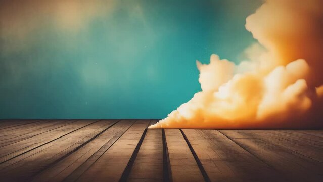 Retro orange smoke bomb or haze grenade blowing over cyan background. Motion backdrop for festival or celebrations on wooden floor. smoke charge in 4k, fog, vapor, cloud, smoke puff, dust puff