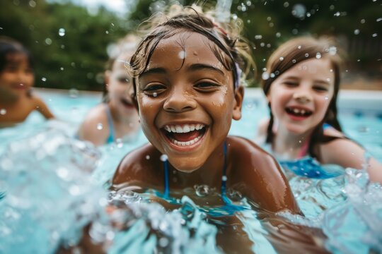 group of diverse children in swimming pool with inflatable ring circles, smiling kids wearing swimwear at outdoor summer pool party portrait - Powered by Adobe