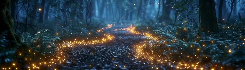 Bioluminescent forest pathway, magical night, low angle, wide lens ,3DCG,high resulution - obrazy, fototapety, plakaty