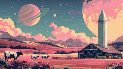 Retro space farm, astronauts milking alien cows, barn with a rocket silo
