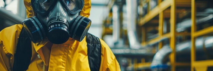 A worker in a yellow protective suit and gas mask checks for a chemical leak at a chemical factory - obrazy, fototapety, plakaty