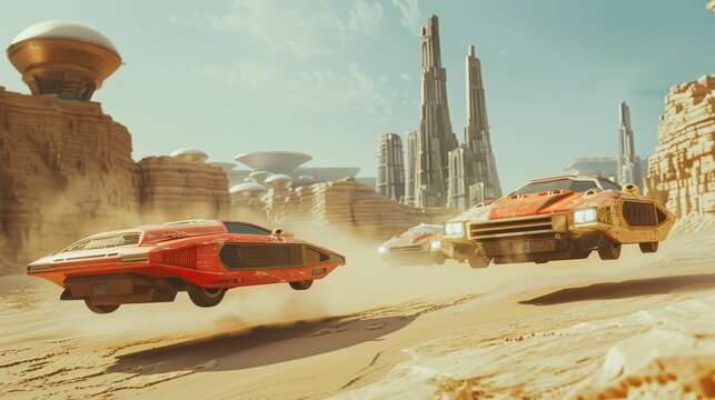 Retro-futuristic desert rally, hover cars racing, ancient ruins background