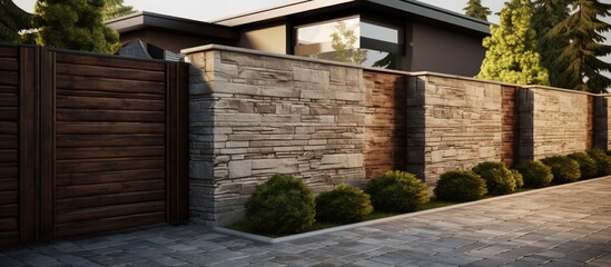 A house featuring a sturdy stone wall and a wooden gate, showcasing a blend of classic and durable construction materials for security and design. The gate stands open, inviting visitors into the