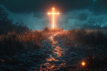 Experience the brilliance of a radiant and shining cross gleaming brightly against the backdrop, with a pathway bathed in its luminosity guiding towards its sacred presence - obrazy, fototapety, plakaty