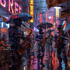 Vintage robot jazz band performing in a cyberpunk cityscape, neon rain