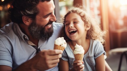 Father and daughter happily enjoy ice cream cones together, savoring the sweetness of the moment, creating cherished memories filled with joy.
