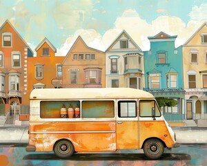 Ice cream truck in a neighborhood, whimsical palette, space for text 