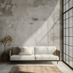 Minimalist loft luxury home interior design of modern living room in villa. Sofa against grid window and grunge stucco wall. 3d render.