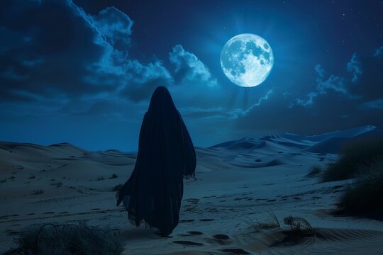 A Muslim woman walks through the desert in a black niqab under a night sky, gazing at the full moon. View from the back. The natural landscape and vast horizon create a breathtaking atmosphere