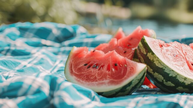 Juicy watermelon slices, picnic blanket, summer refreshment, space for text 