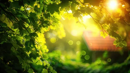 Rolgordijnen Sunbeams piercing through lush green leaves © Artyom