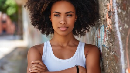 Fototapeta premium Confident young woman in a white tank top leaning against a wall