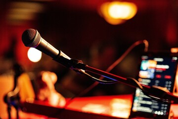 Close-up shot of a microphone in a blurry bar setting.