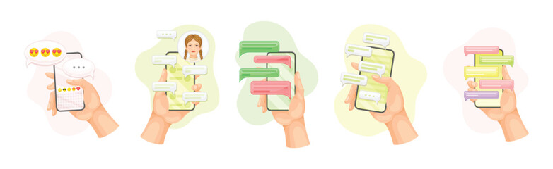 Hand with Smartphone Device Use Chat App Have Social Communication Vector Set