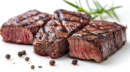 Cooked rib-eye steak on white background.