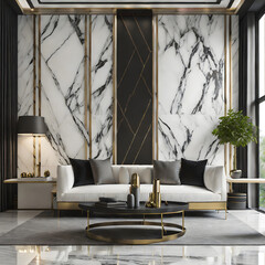 Modern luxury living room interior and decoration mock up furniture and black and white marble. Generative AI.
