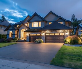 A large two story house with three car garage in the Pacific Northwest at night, well lit front...