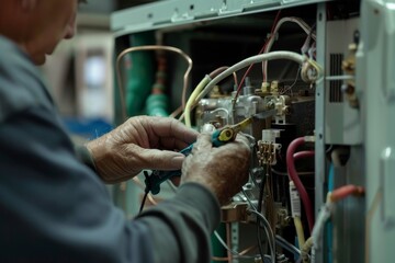 Obraz premium Close-up photograph of a technicians hands repairing the internal components of an air conditioner detailed view of tools and parts