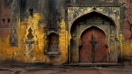 A vibrant, textured doorway of an old building with intricate designs and a weathered facade