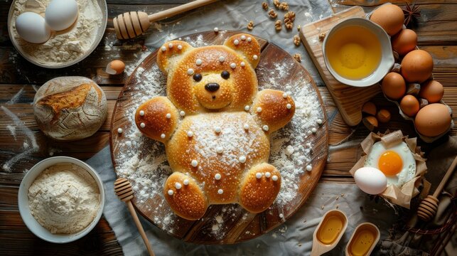 High-resolution photo of a freshly baked golden-brown bear-shaped bread sitting on a rustic wooden cutting board
