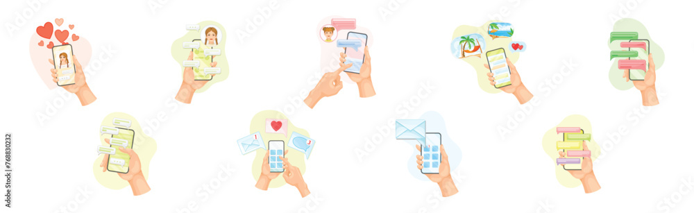 Poster hand with smartphone device use chat app have social communication vector set
