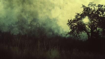 A silhouette of trees against a misty, greenish-yellow backdrop, evoking mystery and tranquility