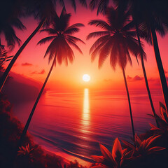 Beautiful sunset with palm trees and birds, colorful sky, digital art style, illustration painting style