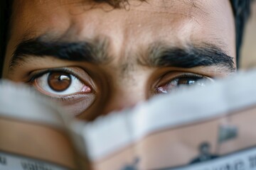 closeup of a mans eyes glancing over a newspaper - obrazy, fototapety, plakaty