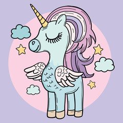 Cute magical turquoise unicorn cartoon character in pastel colors. Adorable infant fantasy.