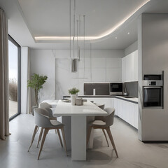 Modern minimalist marble white kitchen, minimalist interior design. Modern furniture. Generative AI.