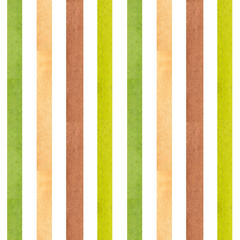 Seamless vertical striped pattern. Green, olive brown color background. Texture watercolor paint stains. Hand drawn. Pastel color. For textile, print, wallpaper