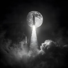 NASA Space Launch in Monochromatic Style with the Moon in the Background