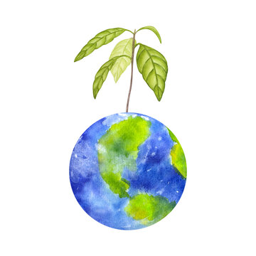 A sprout with green leaves grows from the Earth. Poster protect the planet, ecology, Earth Day, global warming. Hand drawn watercolor illustration isolated white background. For design logo, printing