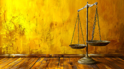 A brass balance scale on a wooden table against a yellow painted wall. - obrazy, fototapety, plakaty