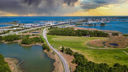 Landscape of Kent Island under a cloudy sky in the evening in Maryland