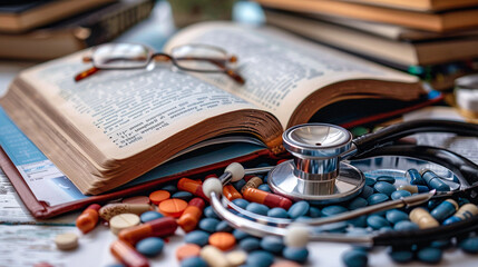 Open book with glasses, stethoscope, and colorful pills on a table.