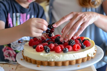 kid placing berry toppings on a cheesecake, mom assisting