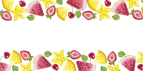 Frame banner pieces of fruit watermelon pineapple carambola strawberry. Hawaii clipart. Hand drawn watercolor illustration isolated on white background. For printing, advertising, design