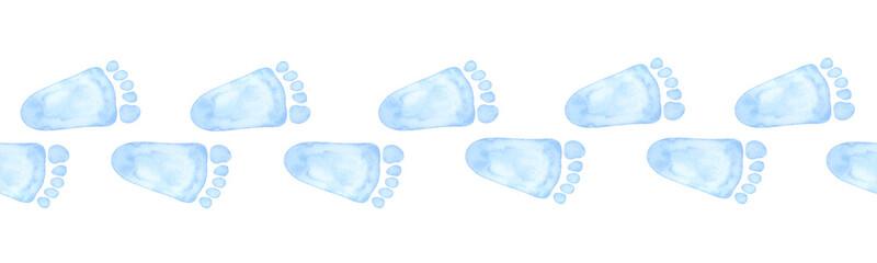 Seamless border little blue footprint. Baby shower, gender reveal party, design invitation. Boy or girl. Hand drawn watercolor illustration isolated background. For family surprise party feast