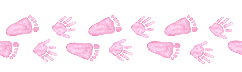 Seamless border little pink palm, handprint, footprint. Baby shower, gender reveal party, design invitation. Boy or girl. Hand drawn watercolor illustration isolated background. For family surprise