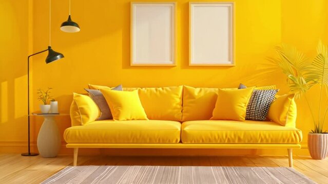 video living room with yellow sofa and photo frames
