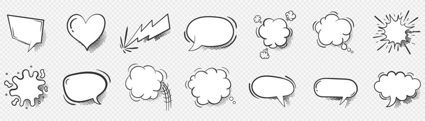 Big set of cartoon, comic speech bubbles, empty dialogue clouds with halftone dotted background in pop art style. Vector illustration for comics, social media banners, promotional materials