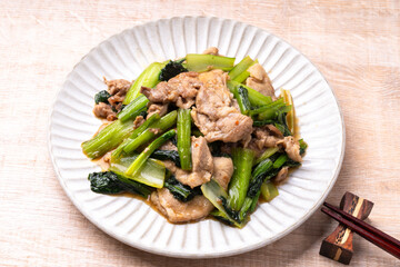 小松菜と豚肉のオイスターソース炒め