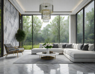 Modern style luxury white living room with garden view 3d render There are gray marble tile. Generative AI. - obrazy, fototapety, plakaty