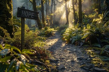 Embark on a misty mountain trail with a signpost marking the way along the rocky path. Experience the serenity of nature as you journey through the mystical mist and rugged terrain - obrazy, fototapety, plakaty