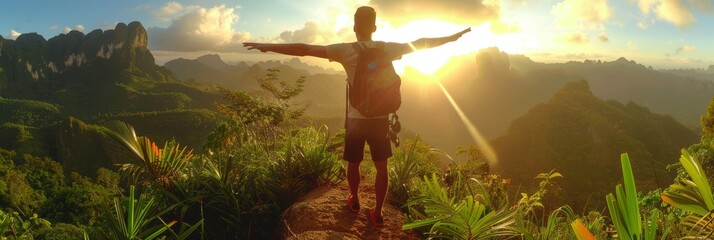 Tourist athlete rejoices climbing a mountain in a tropical country, success and goal achievement concept, man raised his hands up in delight, banner - obrazy, fototapety, plakaty