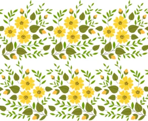 Stof per meter Border of yellow flowers and green leaves. Delicate spring bouquet seamless pattern. Floral linear ornament. Plant composition. Summer design of flower garlands. Printable home decor. © Aqvatali