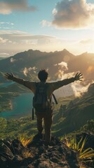 Obraz premium Tourist athlete rejoices climbing a mountain in a tropical country, success and goal achievement concept, man raised his hands up in delight