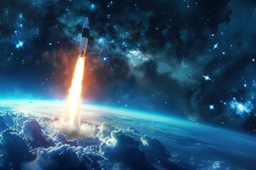 Rocket starting from the earth to outer space