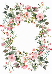 rectangular wreath of wildflowers in blush pinks and sage. watercolor style. plain white background